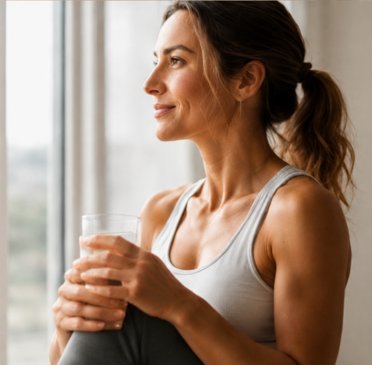 Woman seated by a window holding a glass of water