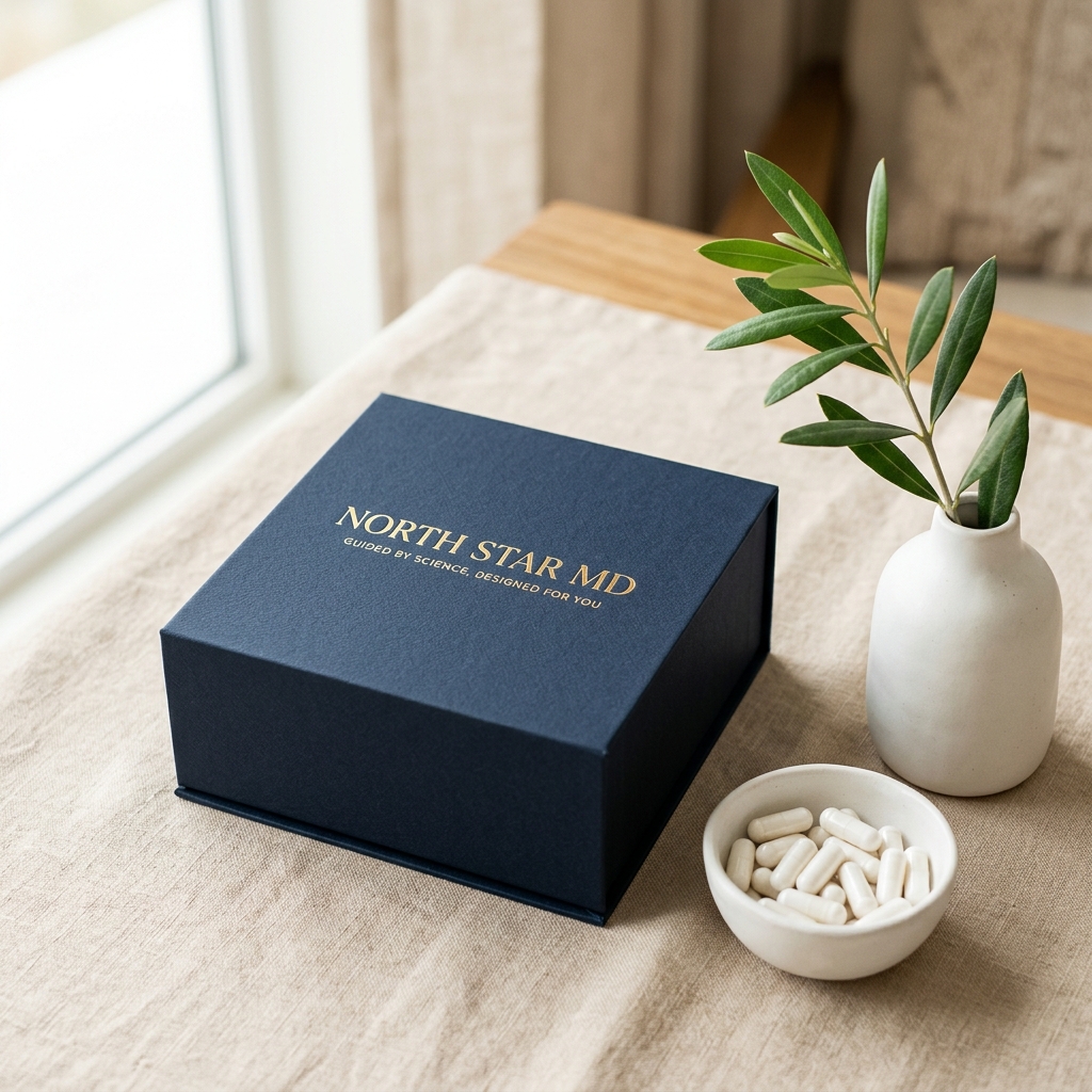North Star MD box, supplements, and greenery on linen